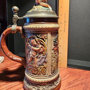 Vintage Old Gerz RARE Fox Hunter West Germany 9" Stein Fox Cherub Figure Lid